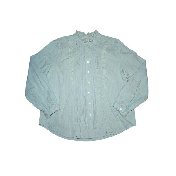 LOFT Women’s Sage Green BluCottagecore Lace Trim Pintuck Button Front Blouse L/p - Picture 2 of 12